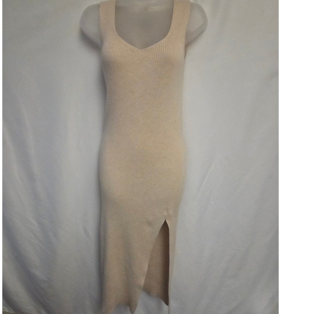ASOS DESIGN Ribbed‎ Knit Sleeveless Midi Dress Beige V-Neck Side Slit 4